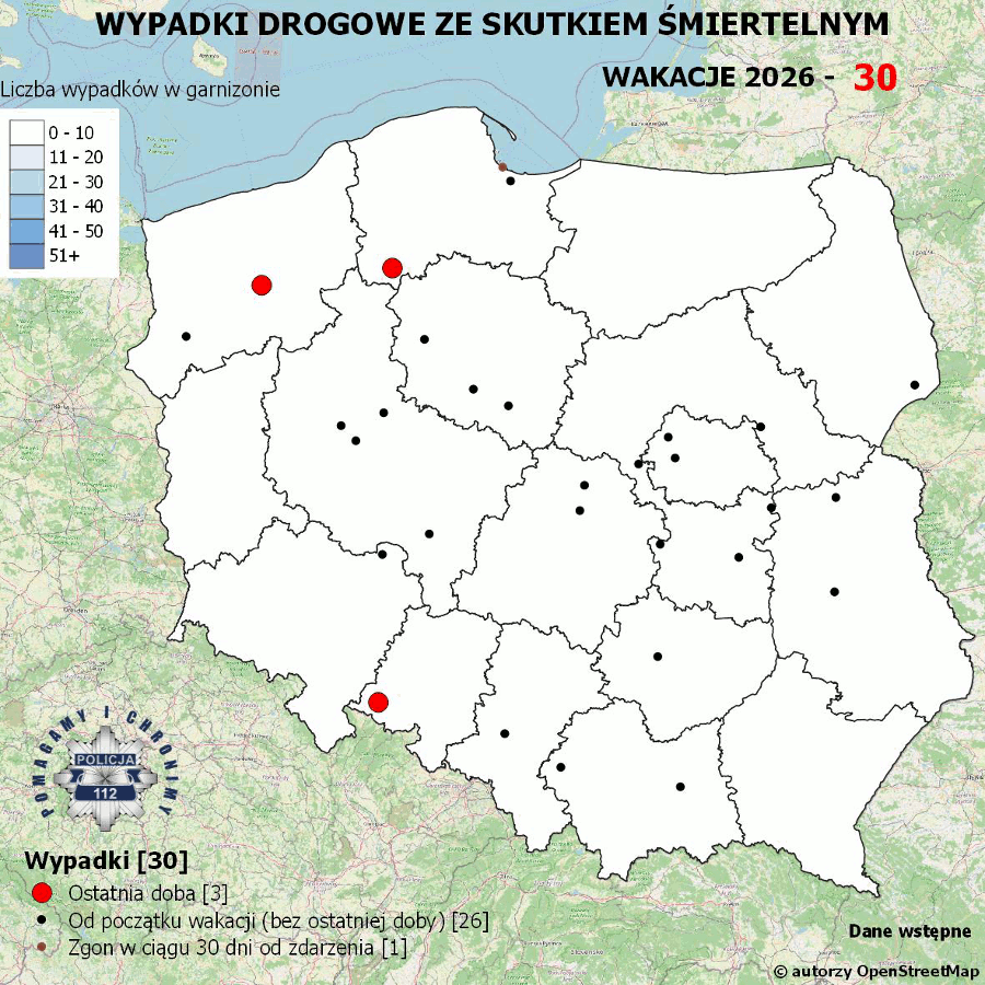 Mapa prezentująca liczbę wypadków poprzedniej doby w Polsce. Prezentowane dane są dostępne w tekście poniżej.