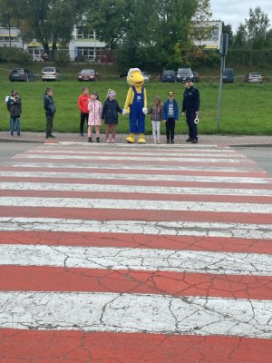 Uczniowie ze Szkoły Podstawowej w Kamieniu Krajeńskim stoją przed przejściem dla pieszych. Pomiędzy nimi stoi maskotka Mrówka. Po prawej stronie stoi policjantka.