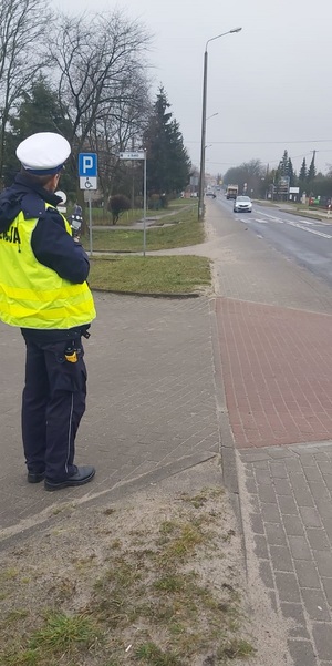 Policjant ubrany w kamizelkę odblaskowa stoi przy ulicy i kontroluje ruch drogowy. W oddali widać jadące pojazdy.