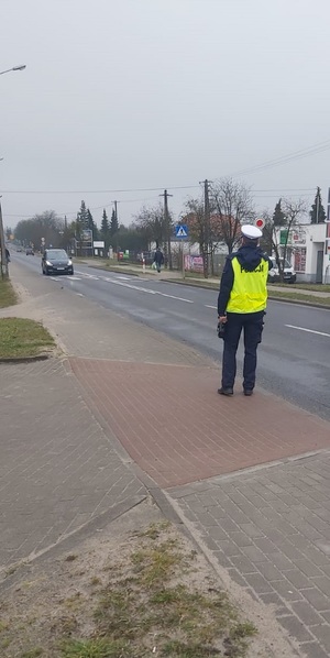 Policjant ubrany w kamizelkę odblaskowa stoi przy ulicy i zatrzymuje pojazd do kontroli drogowej. W ręku trzyma tarczę do zatrzymywania pojazdów. W oddali widać jadące pojazdy.