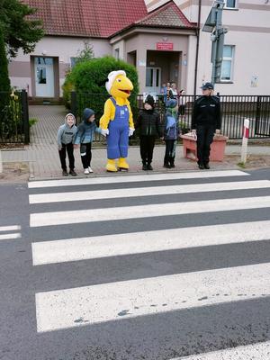 Policjantka razem z uczniami i maskotka mrówki przechodzi przez przejście dla pieszych