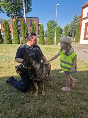 Przedszkolak w obecności policjantki dotyka psa policyjnego.