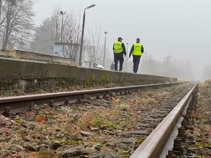 Zdjęcie policjanta oraz pracownika Służby Ochrony Kolei w trakcie patrolu wzdłuż torów kolejowych. W oddali widać budynki oraz drzewa.