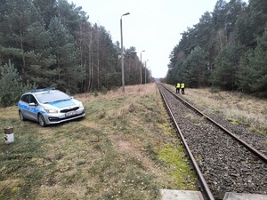 Zdjęcie policjantów w trakcie patrolu wzdłuż torów kolejowych. W tle zaparkowany po lewej stronie radiowóz policyjny oraz tereny leśne wokół torów.