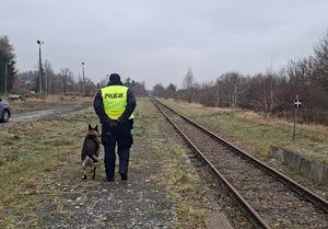 Zdjęcie policjanta i psa policyjnego w trakcie patrolu wzdłuż torów kolejowych. W oddali widać budynki oraz drzewa.