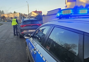 Policjanci stoją przy kontrolowanym pojeździe.